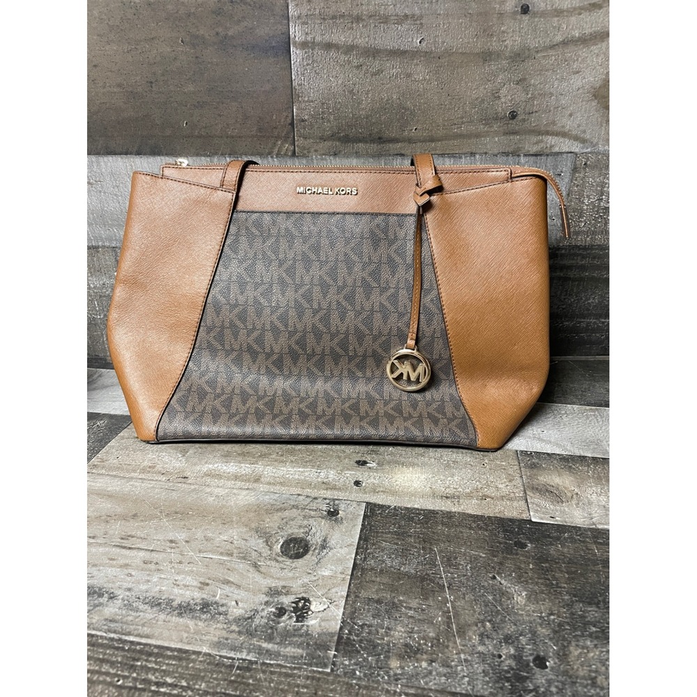 MICHAEL KORS Jet Set Brown MK Signature Zip Tote Top Zip Bag Gold MK Charm